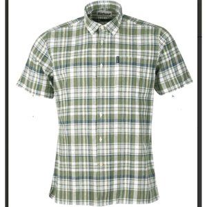 Barbour Linen Mix 2 Short Sleeved Summer Shirt Green White Plaid Button Front XL